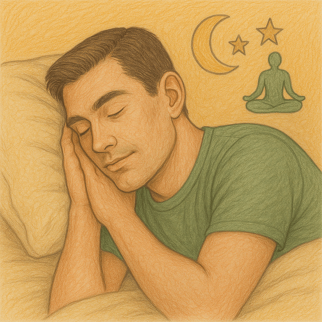 Illustration eines schlafenden Mannes mit Symbolen für Mond, Sterne und Entspannung – erholsamer Schlaf als Schlüssel zu gesunder Haut

