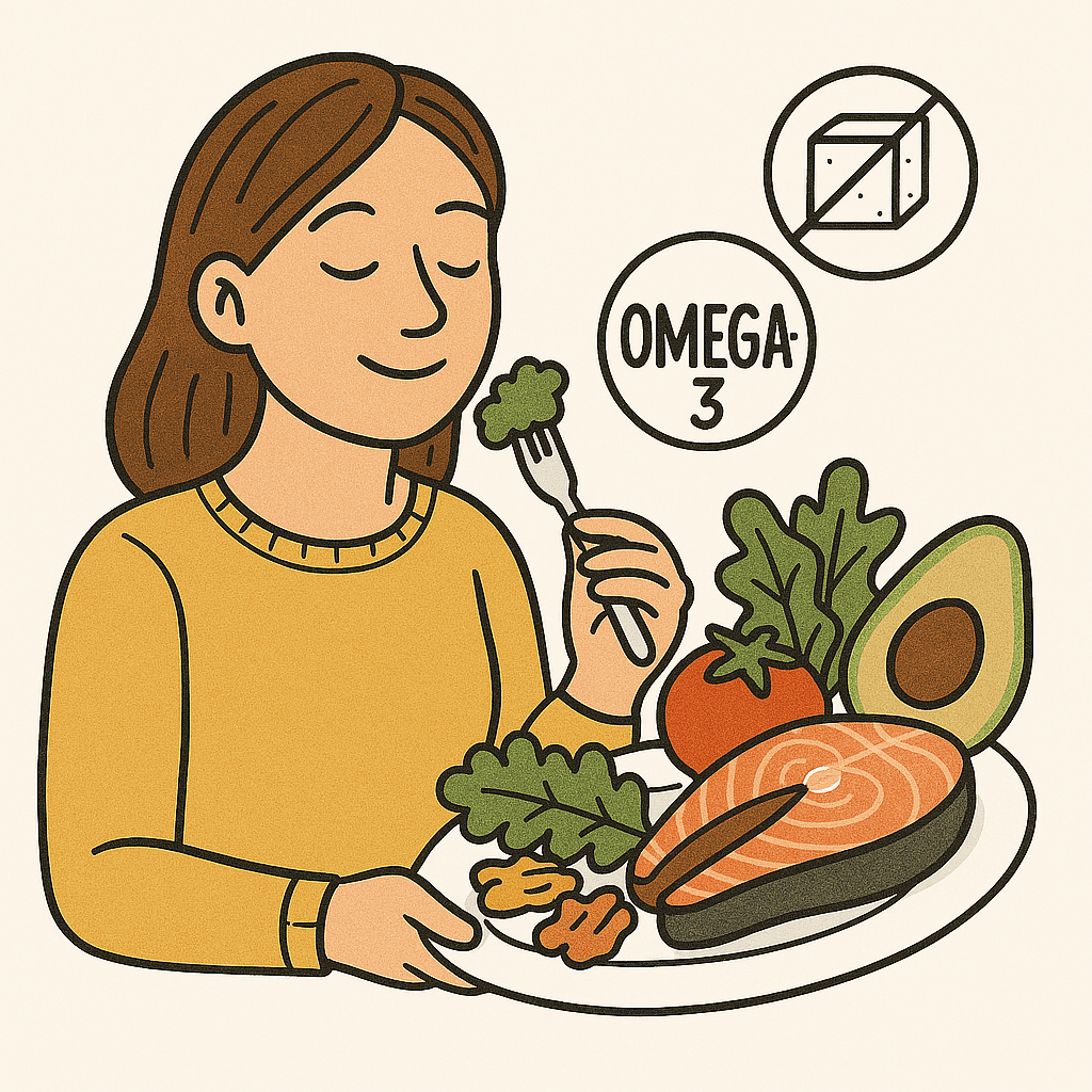 Hautfreundliche Ernährung mit Omega-Fettsäuren, Gemüse und gesunden Fetten