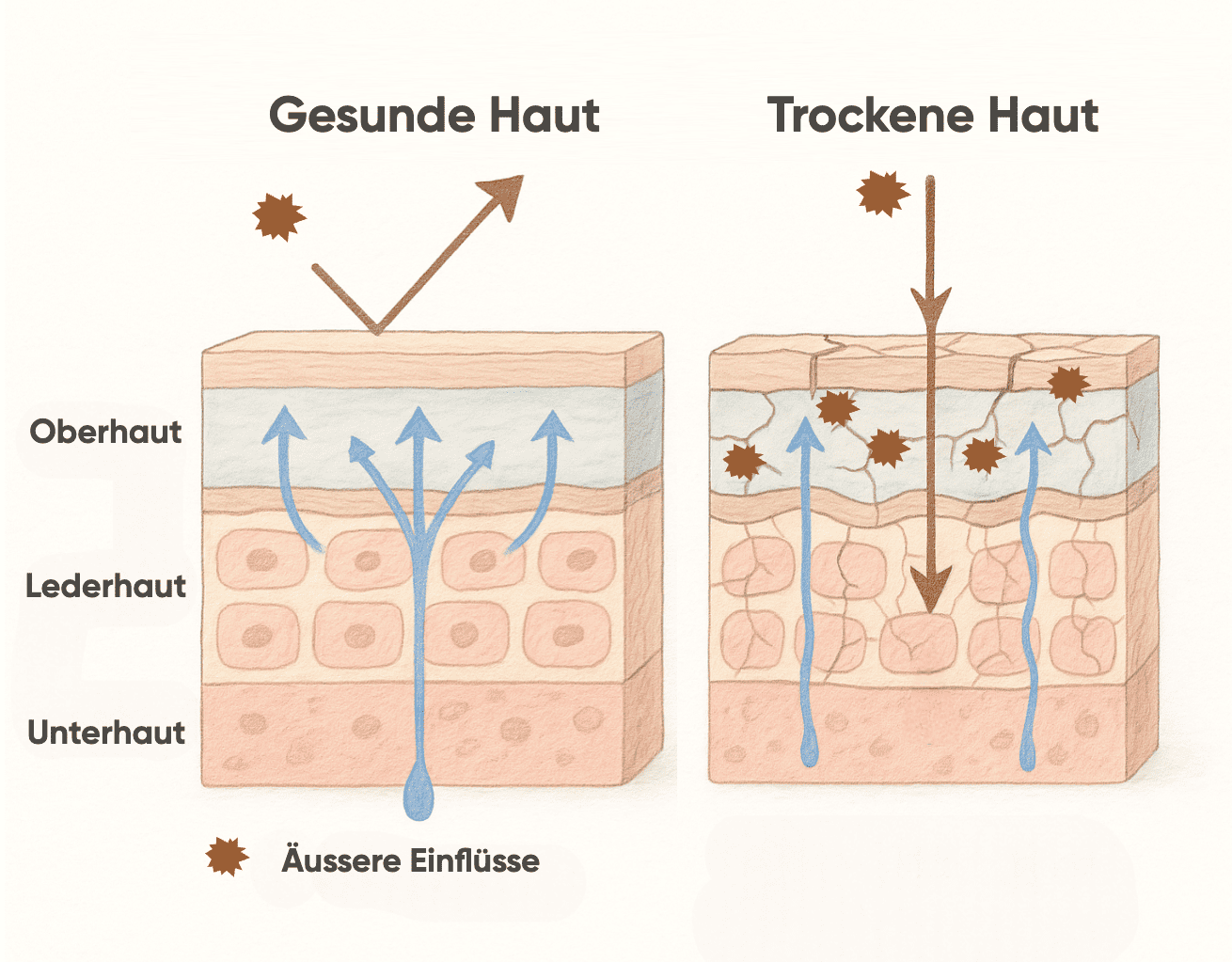 Illustration des Unterschieds zwischen gestörter und intakter Hautbarriere