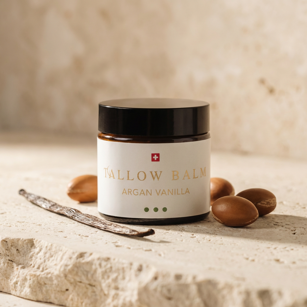 Swiss Tallow Balm Bio-Argan Vanille – Rindertalg Creme mit Arganöl im Glastiegel