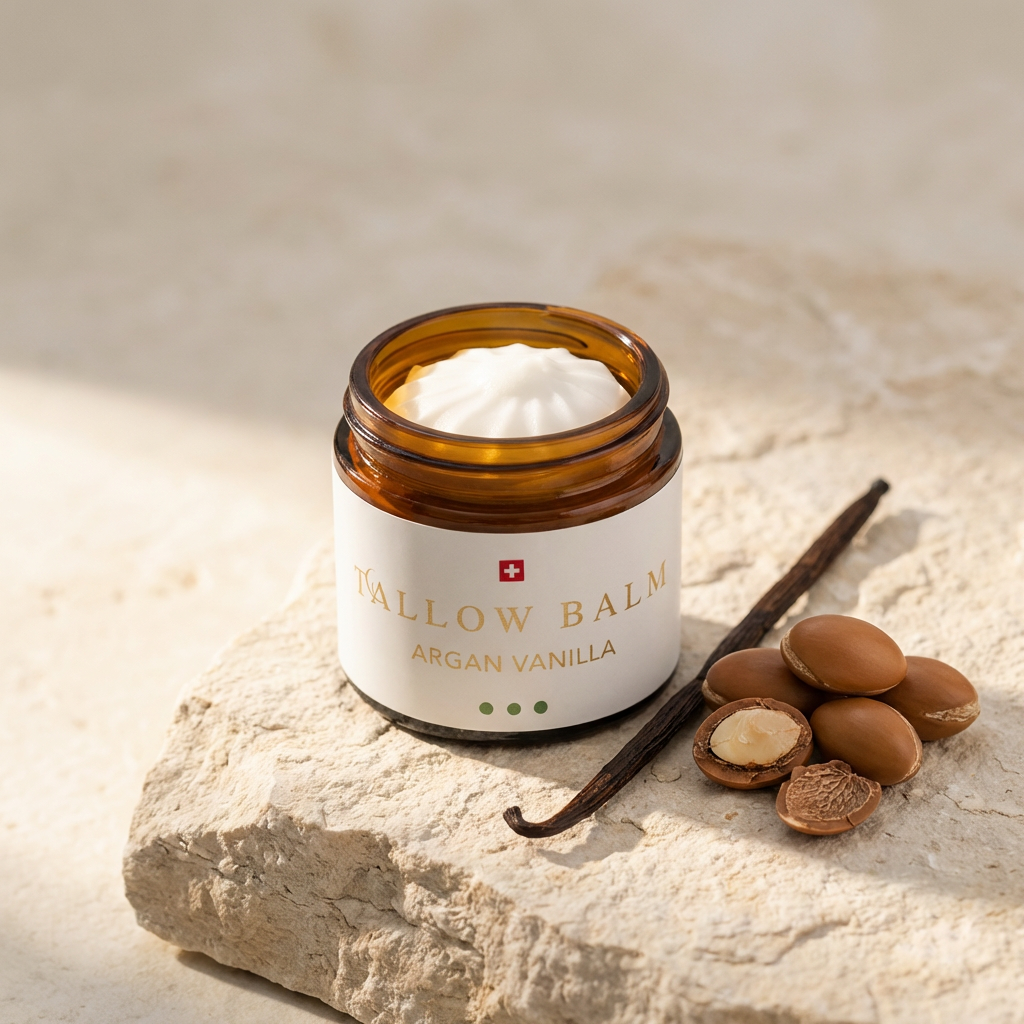 Swiss Tallow Balm Bio-Argan Vanille – Geöffneter Glastiegel mit Rindertalg-Argan-Creme