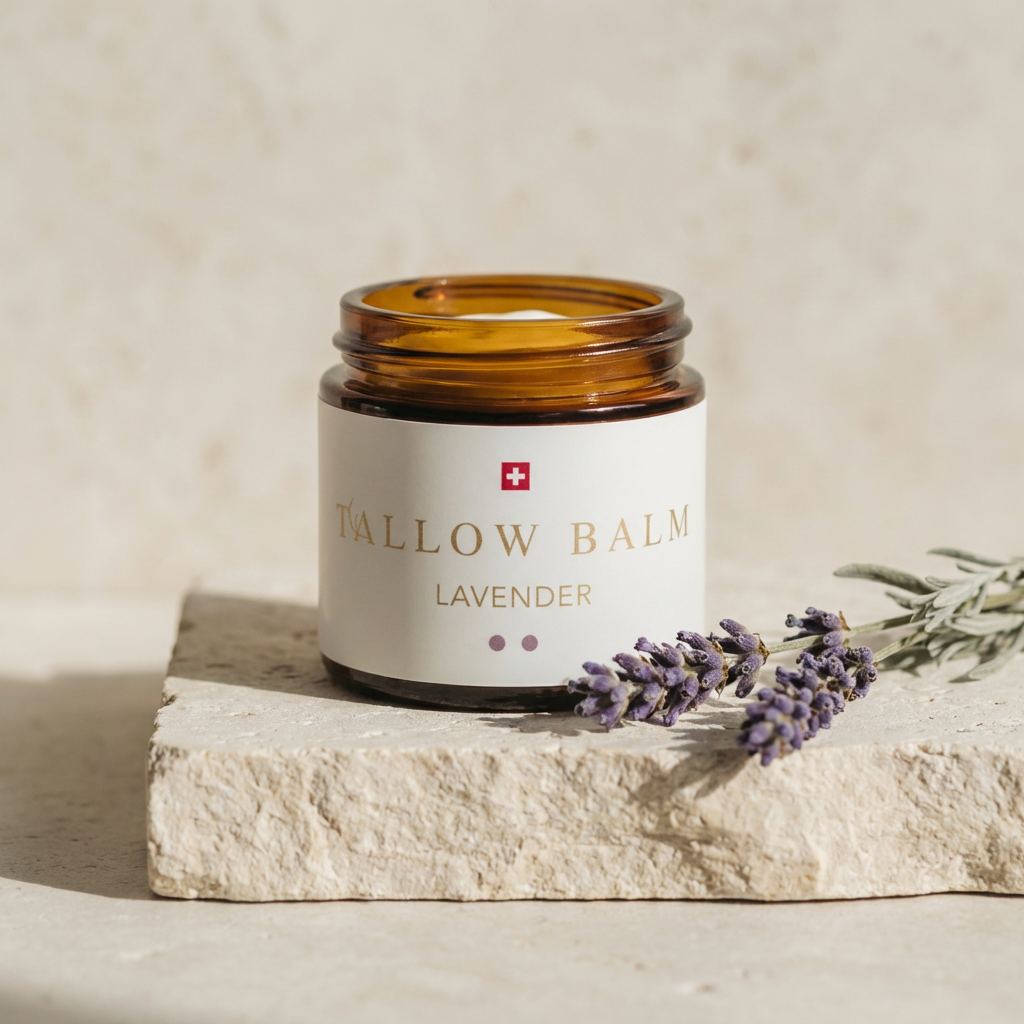 Swiss Tallow Balm Lavendel – Geöffneter Glastiegel mit Rindertalg-Lavendel-Creme