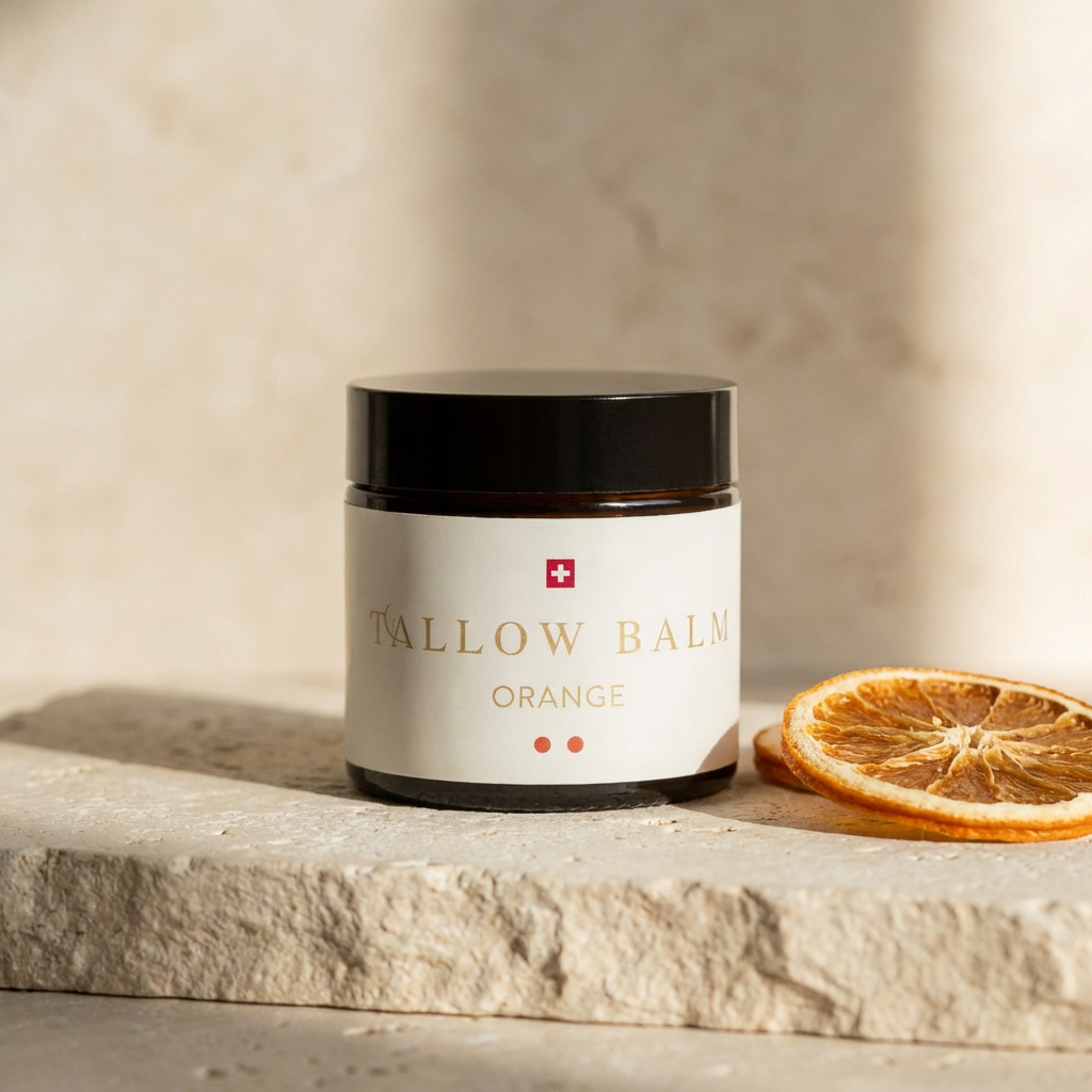 Swiss Tallow Balm Orange – Rindertalg Creme mit Orangenöl im Glastiegel
