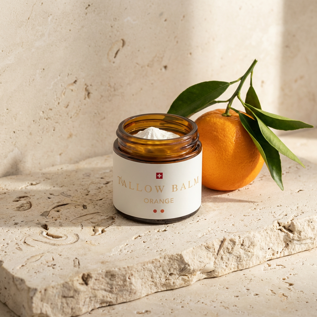 Swiss Tallow Balm Orange – Geöffneter Glastiegel mit Rindertalg-Orangen-Creme