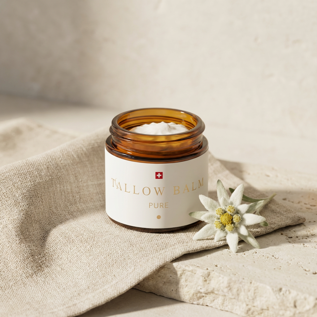 Swiss Tallow Balm Pure – Geöffneter Glastiegel mit weißer Rindertalg-Creme