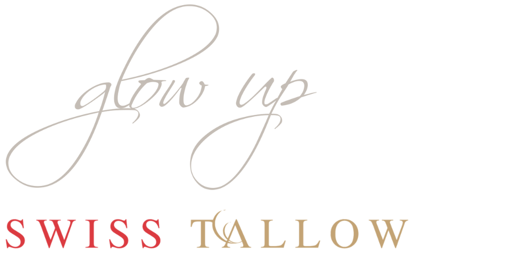 Swiss Tallow Logo mit handschriftlichem „glow up“-Schriftzug darunter